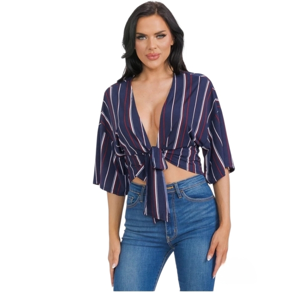 EMMA & ASHLEY STRIPED TIE FRONT BLOUSE NWT - Picture 4 of 5